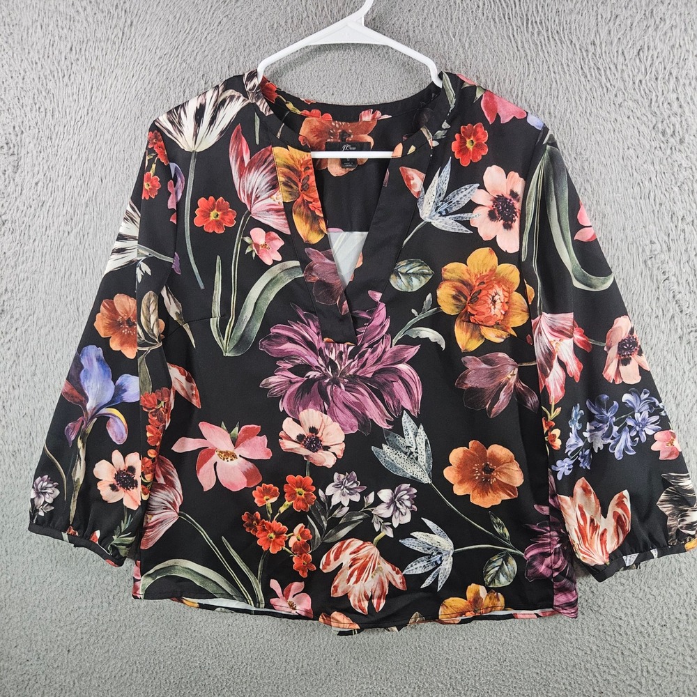 J.Crew Womens Black Floral V-Neck 3/4 Sleeve Blouse Top Small